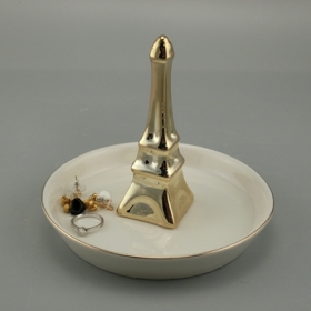 Gold Plated White Ceramic Eiffel Tower Jewelry Dish Ring Holder