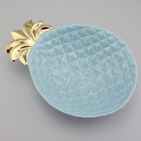 Large Pineapple Ceramic Bowl Blue and Gold Leaf