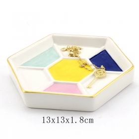 Ceramic Jewelry Dish Hexagonal Shaped Gold Rim
