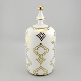 Large ceramic jar with lid gold and white home deco
