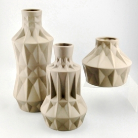 Large Geometric Ceramic Vase Brown Set of 3