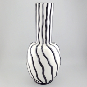 Large white ceramic vase with black hand paint lines