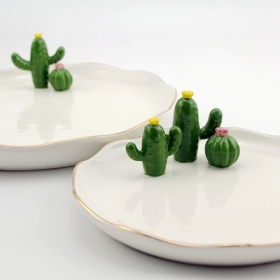 Decorative Plate with Hand Painted Standing Cactus and Gold Rim
