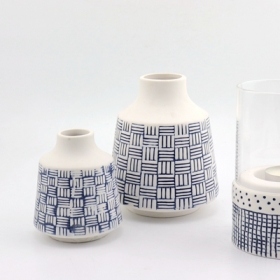 Set of 2 Ceramic Bud Vases Blue Stripes White Color