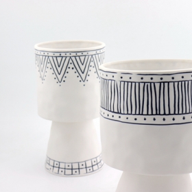 Set of 2 Ceramic Hand Painted Vase Matt White and Blue Stripes