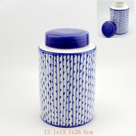 White Ceramic Canister Set Blue Hand Painted Stripes