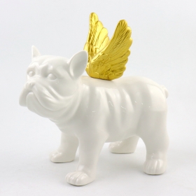 Ceramic White Bulldog Figurine Sculpture with Gold Wings