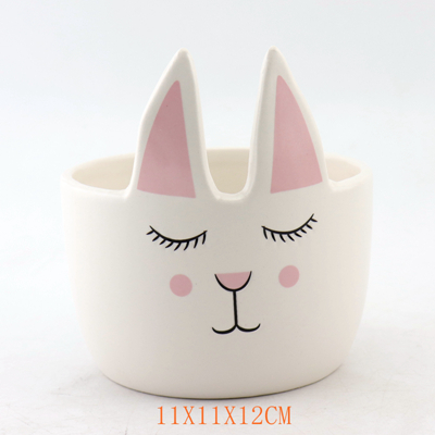 White and Pink Ceramic Rabbit Flower Pot