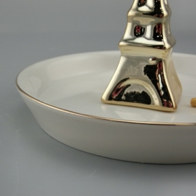 Gold Plated White Ceramic Eiffel Tower Jewelry Dish Ring Holder