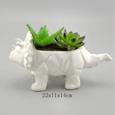 GeLive White Dinosaur Ceramic Succulent Planter Flower Plant Pot Window Box with Saucer Cartoon Animal Decor 