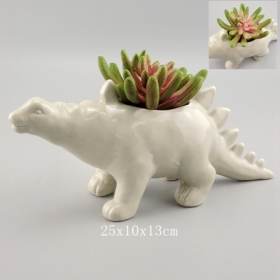 Grey Pottery Stegosaurus Dinosaur Planter with Plants