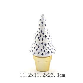 White christmas tree with blue lines and gold base