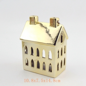Gold ceramic house tea light holder lantern