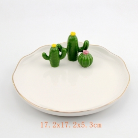 Decorative Plate with Hand Painted Standing Cactus and Gold Rim