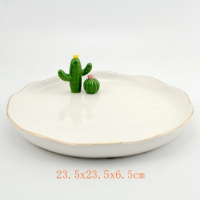Decorative Plate with Hand Painted Standing Cactus and Gold Rim